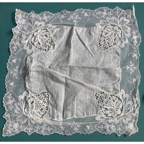 Accessories - VTG Victorian Cotton Handkerchief Ivory Hand Crafted Lace Edges‎ Croche